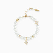 Gold Flower Pearl Bracelet - White Stones