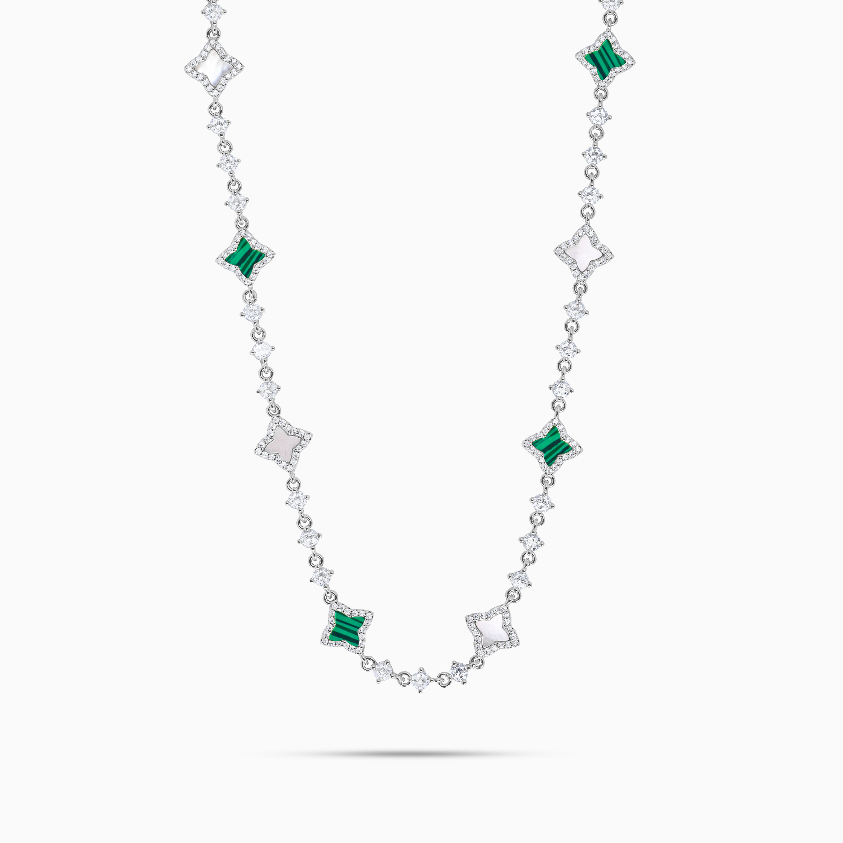 Silver Flower Tennis Chain - White &amp; Green Pattern