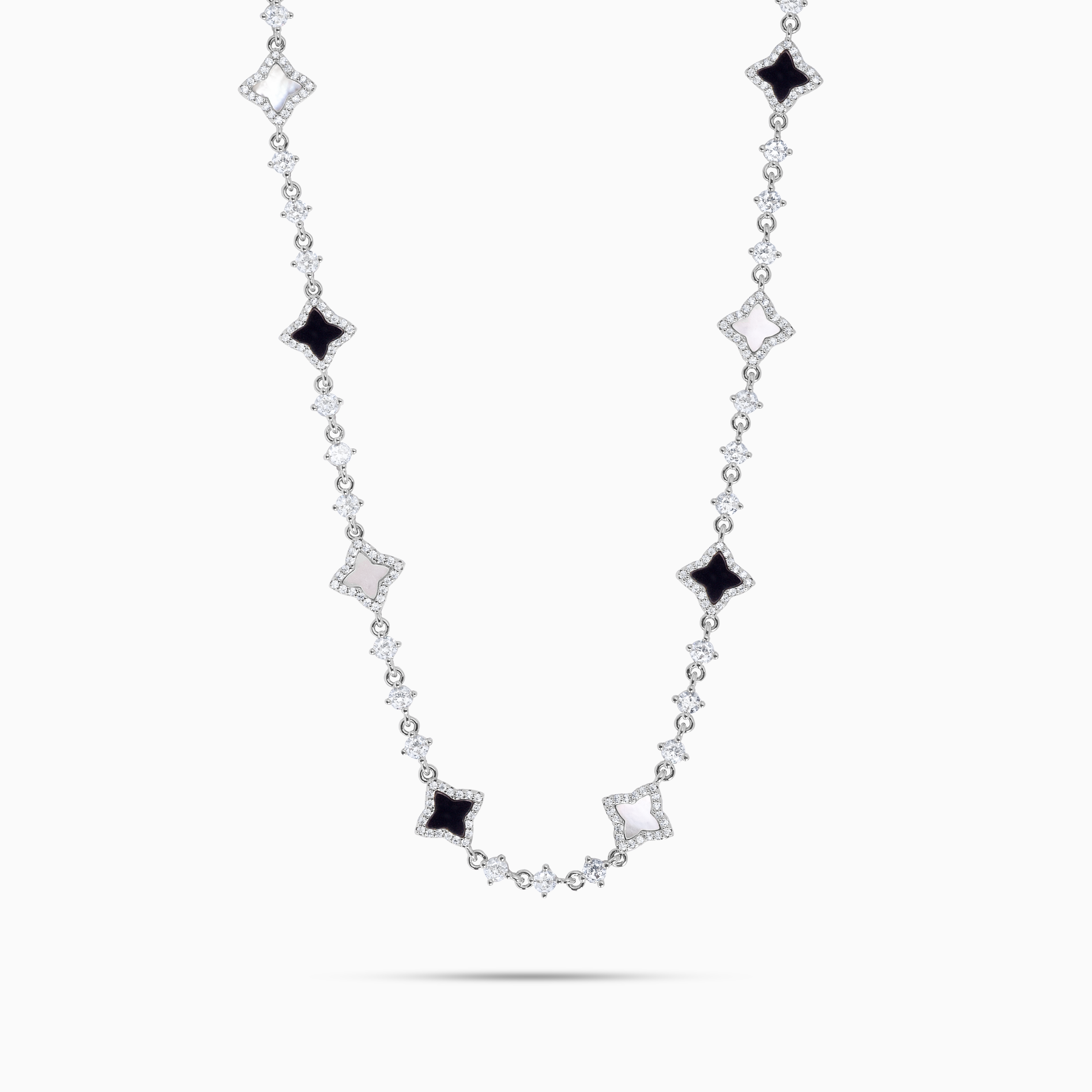 Silver Flower Tennis Chain - White &amp; Black Pattern