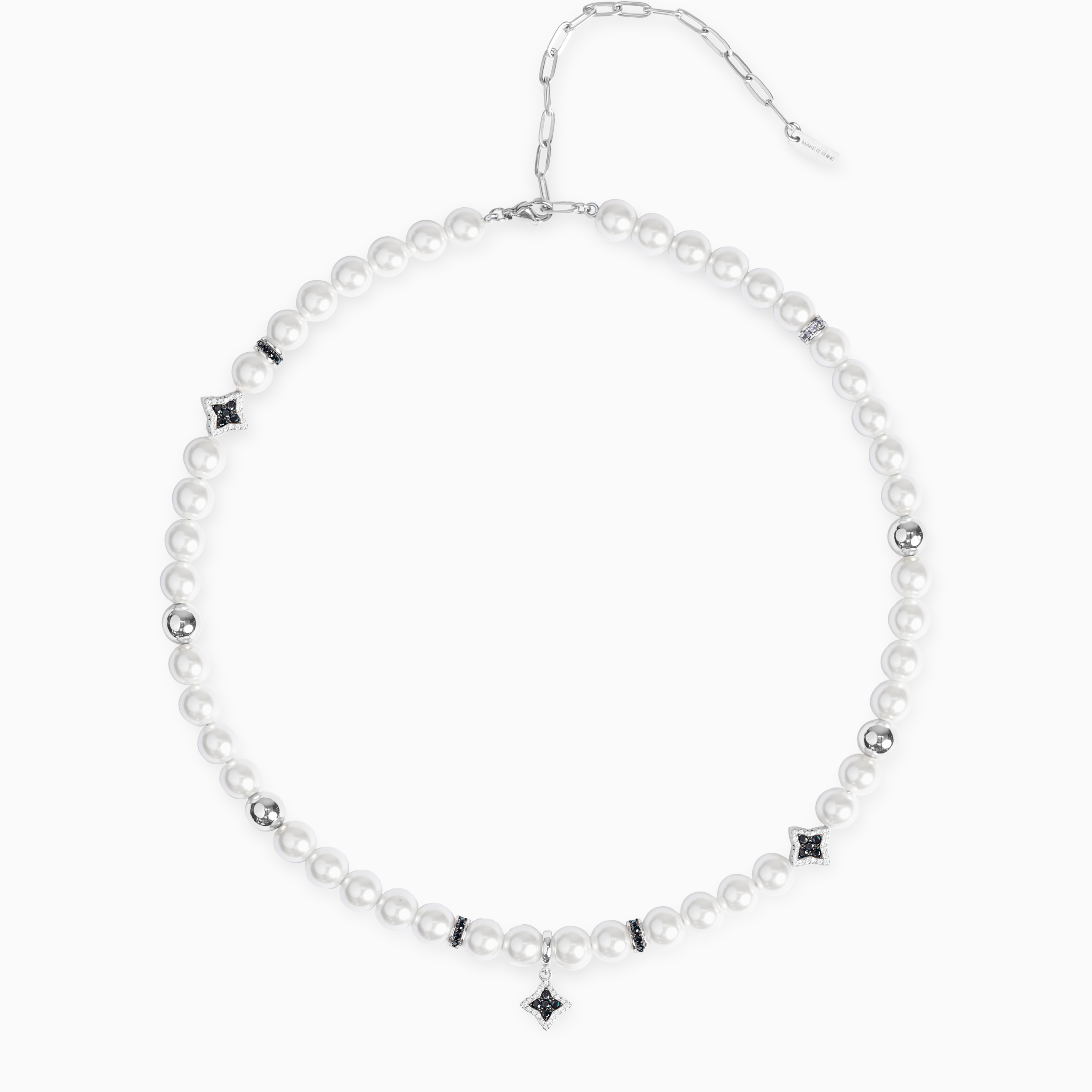 Chaîne Flower Pearl Argentée - Pierres Noires