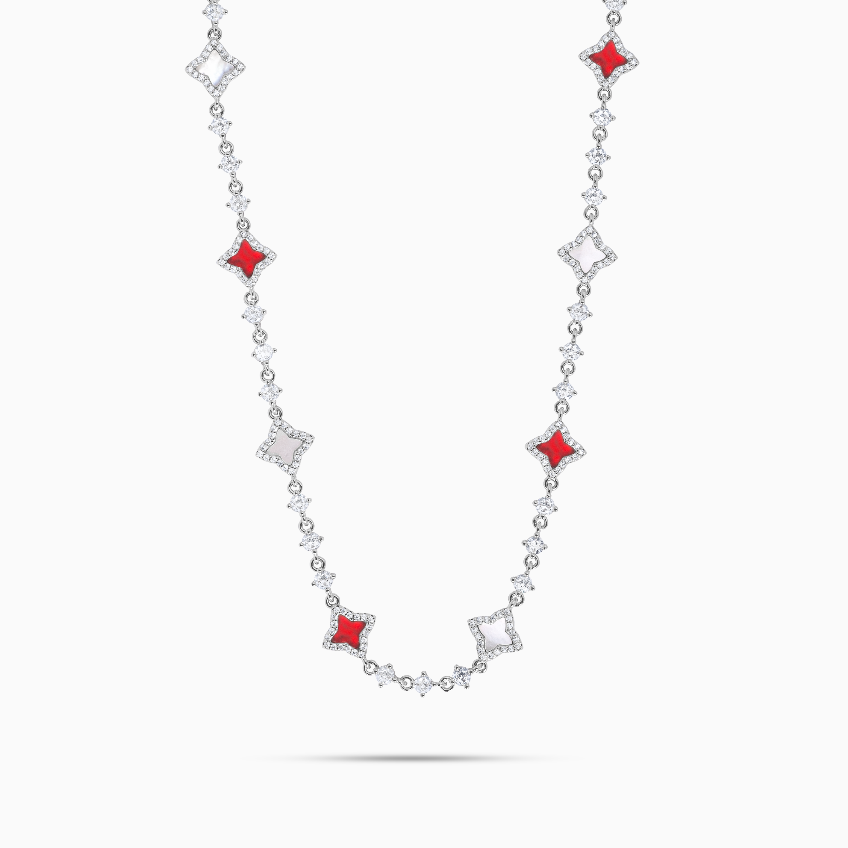 Silver Flower Tennis Chain - White &amp; Red Pattern